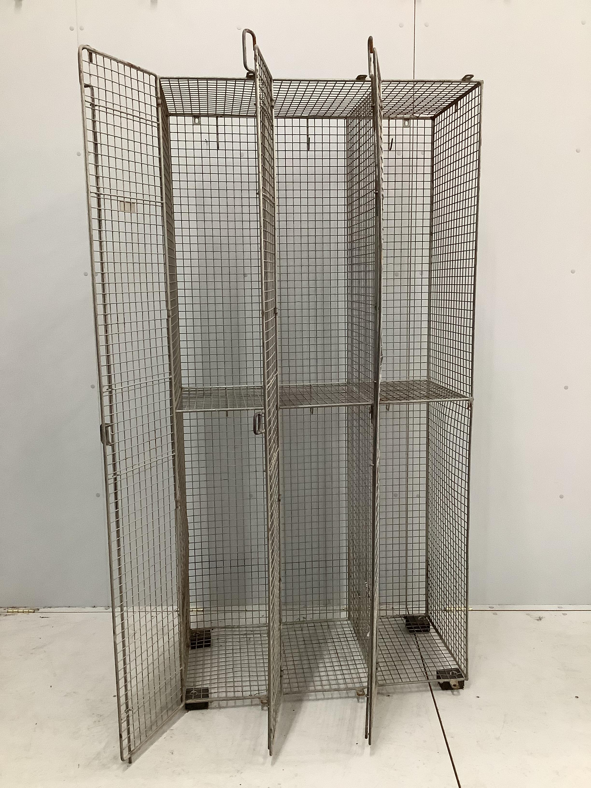A vintage wirework six division locker, width 90cm, depth 46cm, height 185cm